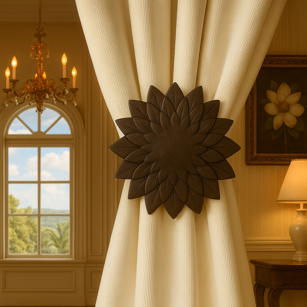 Modern drapery medallions styled in a contemporary living room.