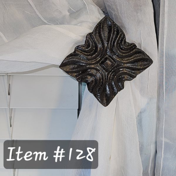 Contemporary medium drapery medallion 3-1/4" square with a 3-5" projection.  Also known as a holdback, tieback, rosette, hanger, knob, drapery hardware, curtain hardware, window treatment hardware.  Thank you for supporting a small business owner.  Item #128