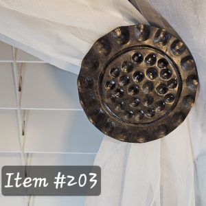 Comtemproary Hammered Medium Drapery Medallion -  4" diameter with a 3-5" projection.  Also known as a holdback, tieback, rosette, hanger, knob, drapery hardware, curtain hardware, window treatment hardware.  Thank you for supporting a small business owner. 